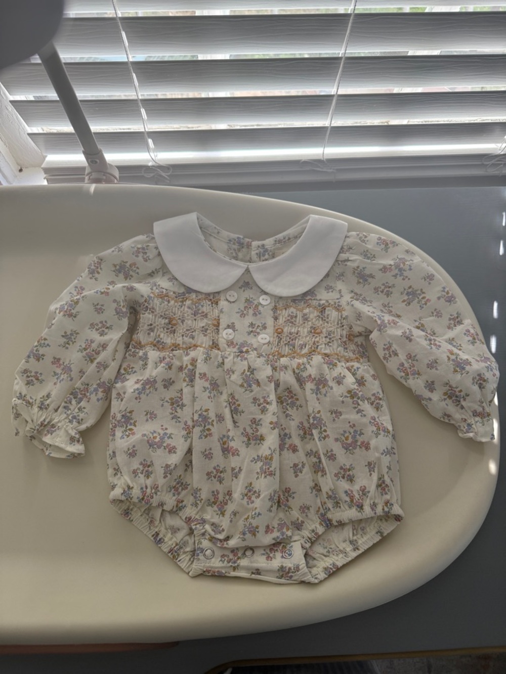 Cream Floral Smocked Baby Girl Romper with Peter Pan Collar 3-6M Petite Moss